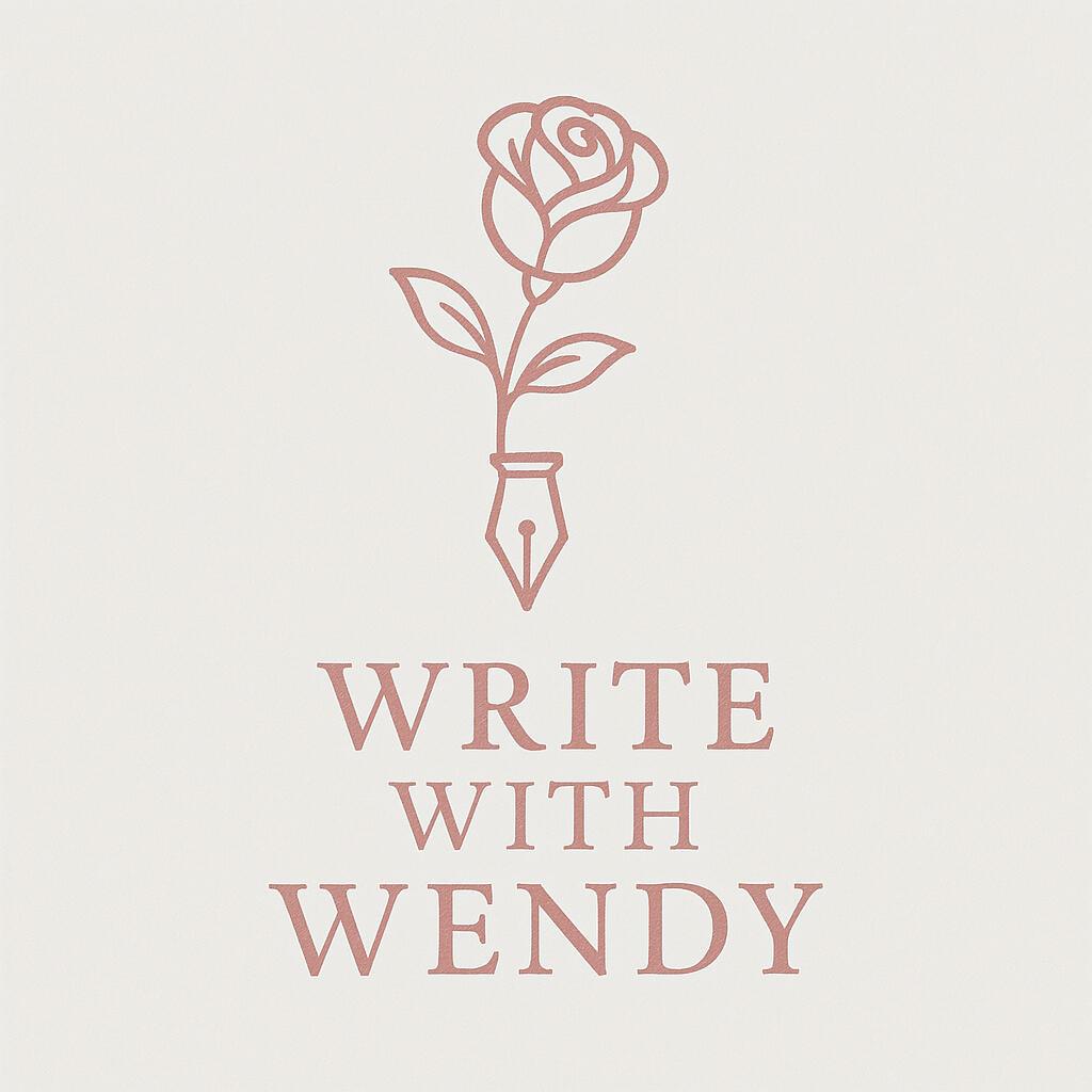 The text "Write With Wendy" beneath a flower attached to a fountain pen tip.